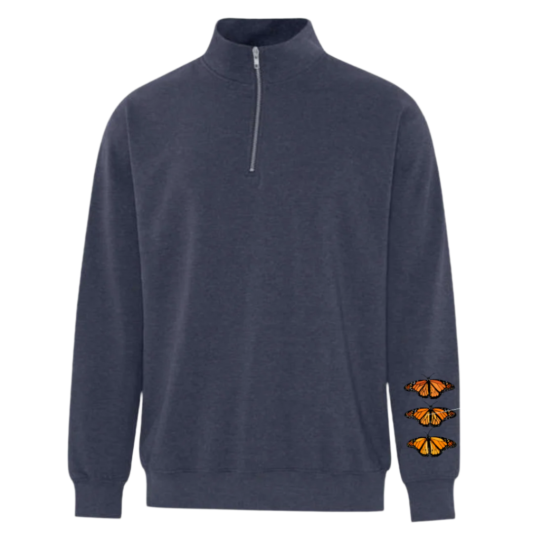 Navy blue quarter-zip sweatshirt with orange butterfly designs on left sleeve