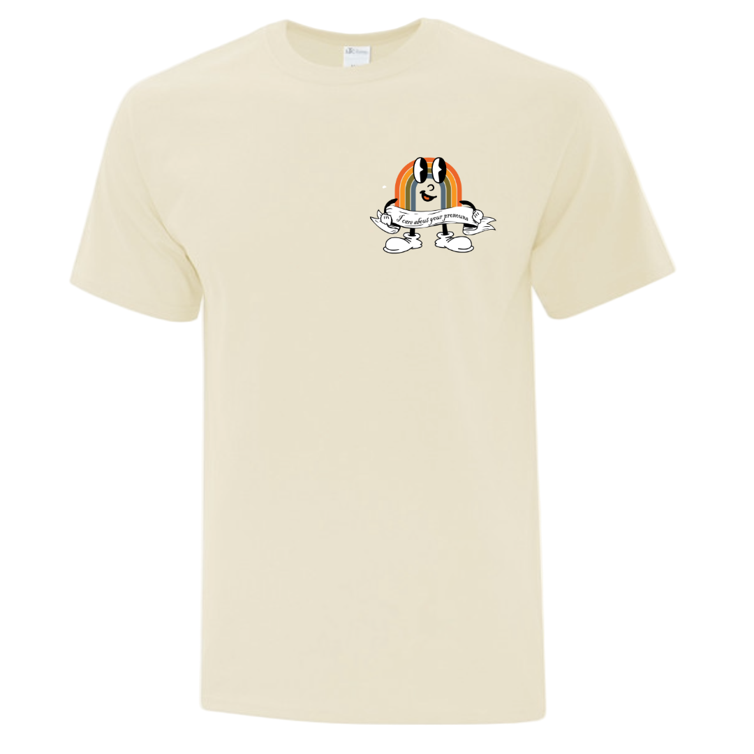Beige t-shirt with a graphic design that says "I care about your pronouns"