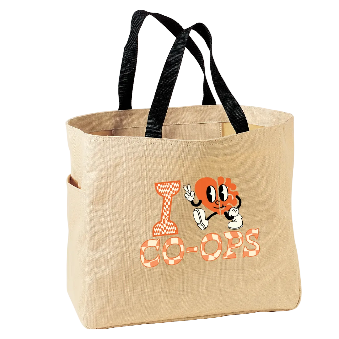 Beige tote bag with cartoon character and 'I CO-OPS' text
