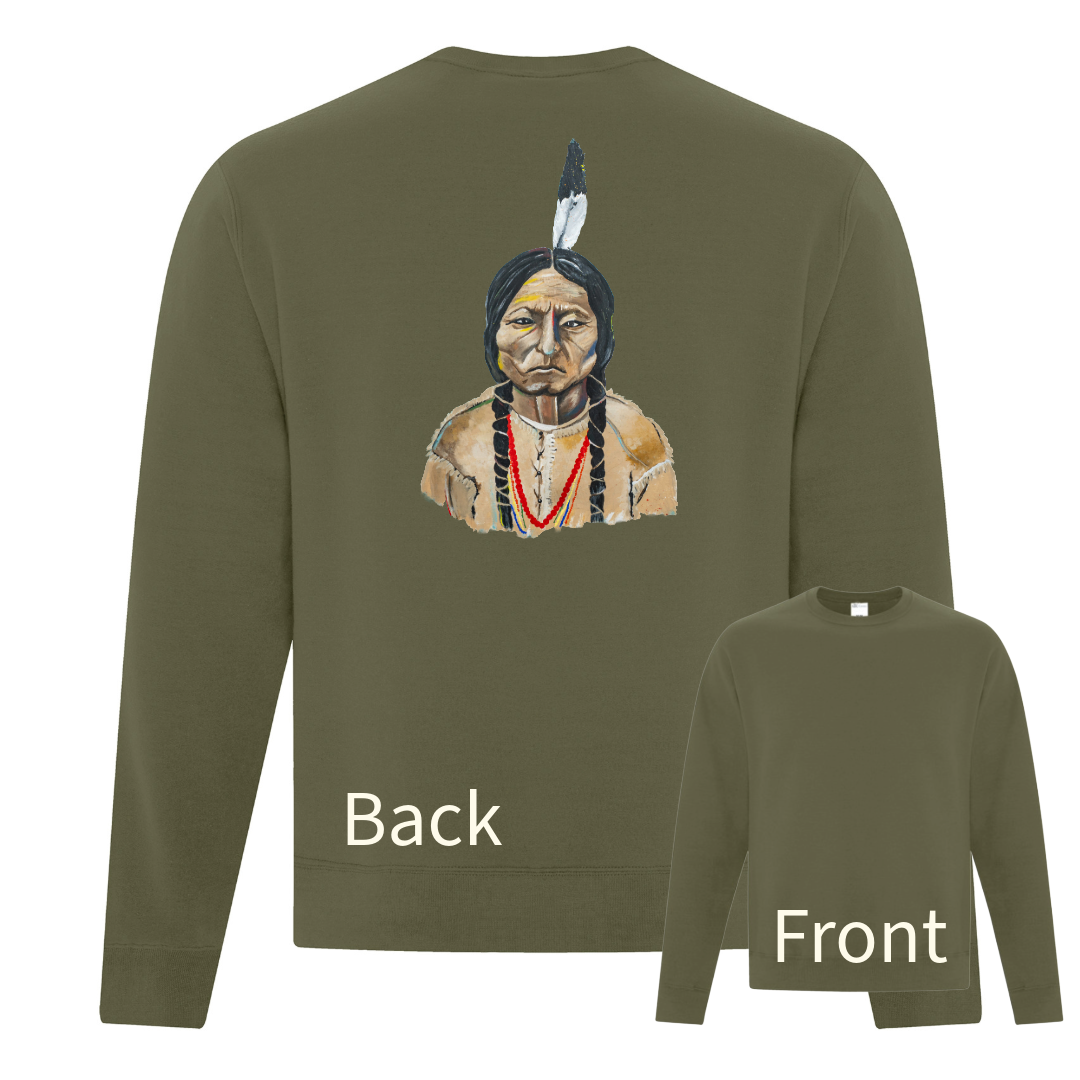 Dark Green sweatshirt with an illustration of a Native American on the back