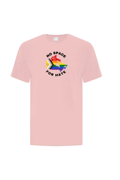 Pink t-shirt with Canada Map / Pride flag and text 'No Space for Hate'