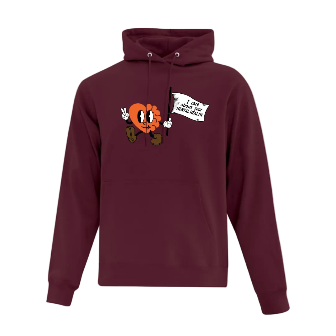 Maroon hoodie with cartoon character and "I Care About Your Mental Health"