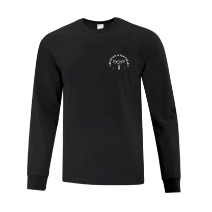 Black long-sleeve shirt with a white graphic that says "Abortion is Healthcare"