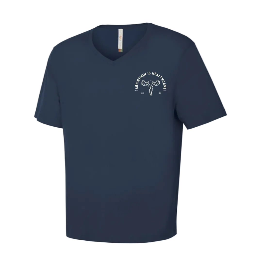 Navy blue vneck t-shirt with a graphic design saying Abortion is Healthcare