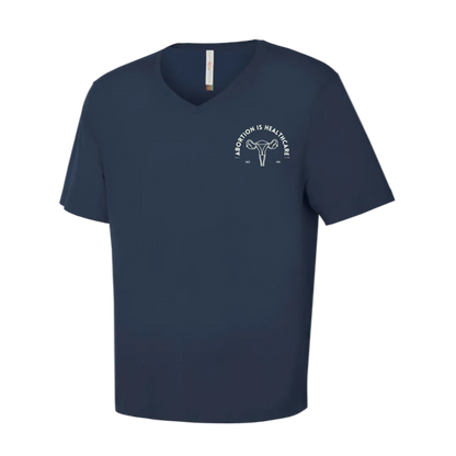 Navy blue vneck t-shirt with a graphic design saying Abortion is Healthcare