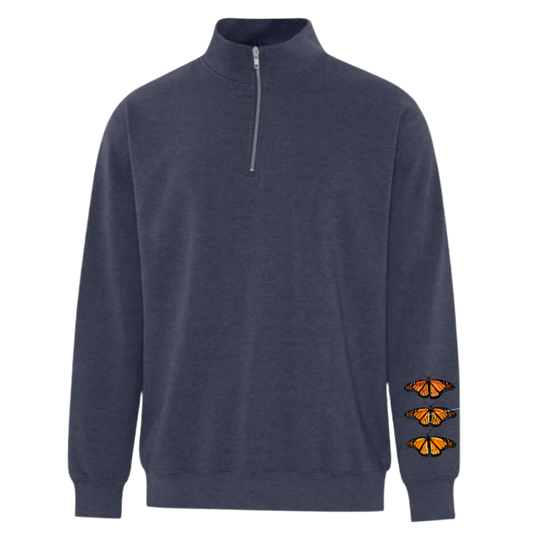 Navy blue quarter-zip sweatshirt with orange butterfly designs on left sleeve