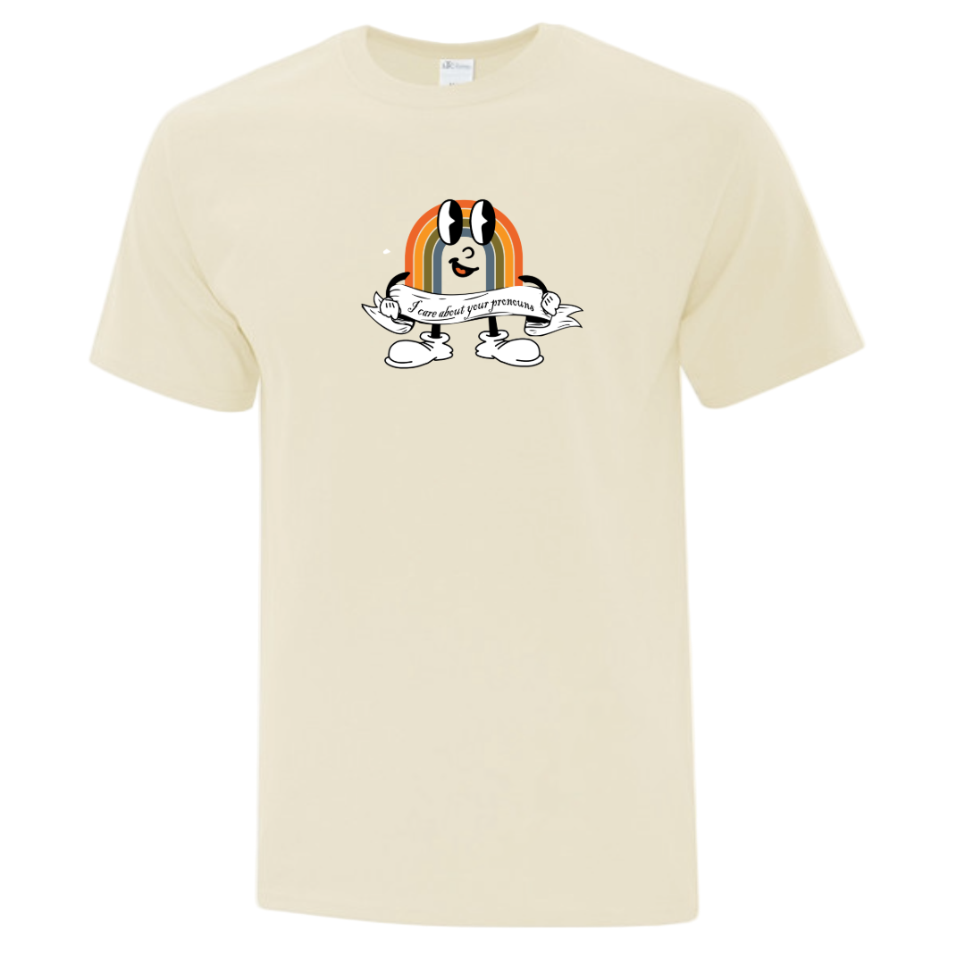 Beige t-shirt with a graphic design of a Rainbow cartoon saying "I care about your pronouns"