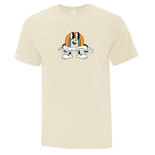 Beige t-shirt with a graphic design of a Rainbow cartoon saying "I care about your pronouns"