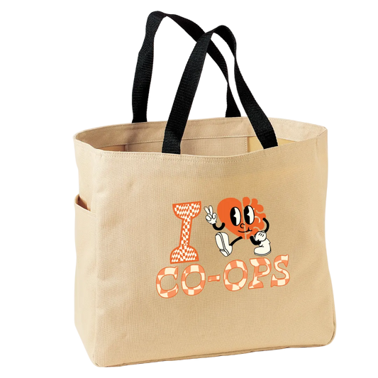 Beige tote bag with cartoon character and 'I CO-OPS' text 
