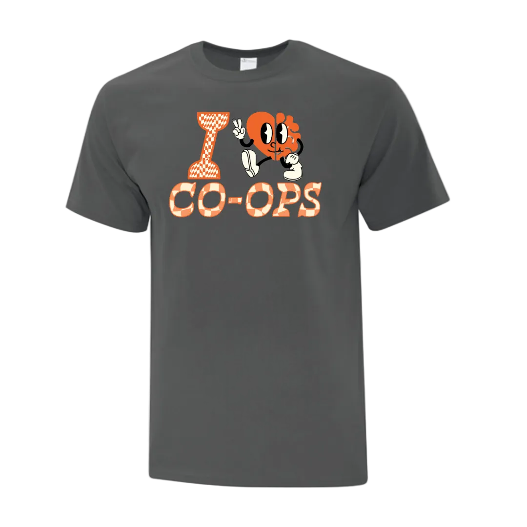 Gray t-shirt with cartoon character and 'I love co-ops' text 