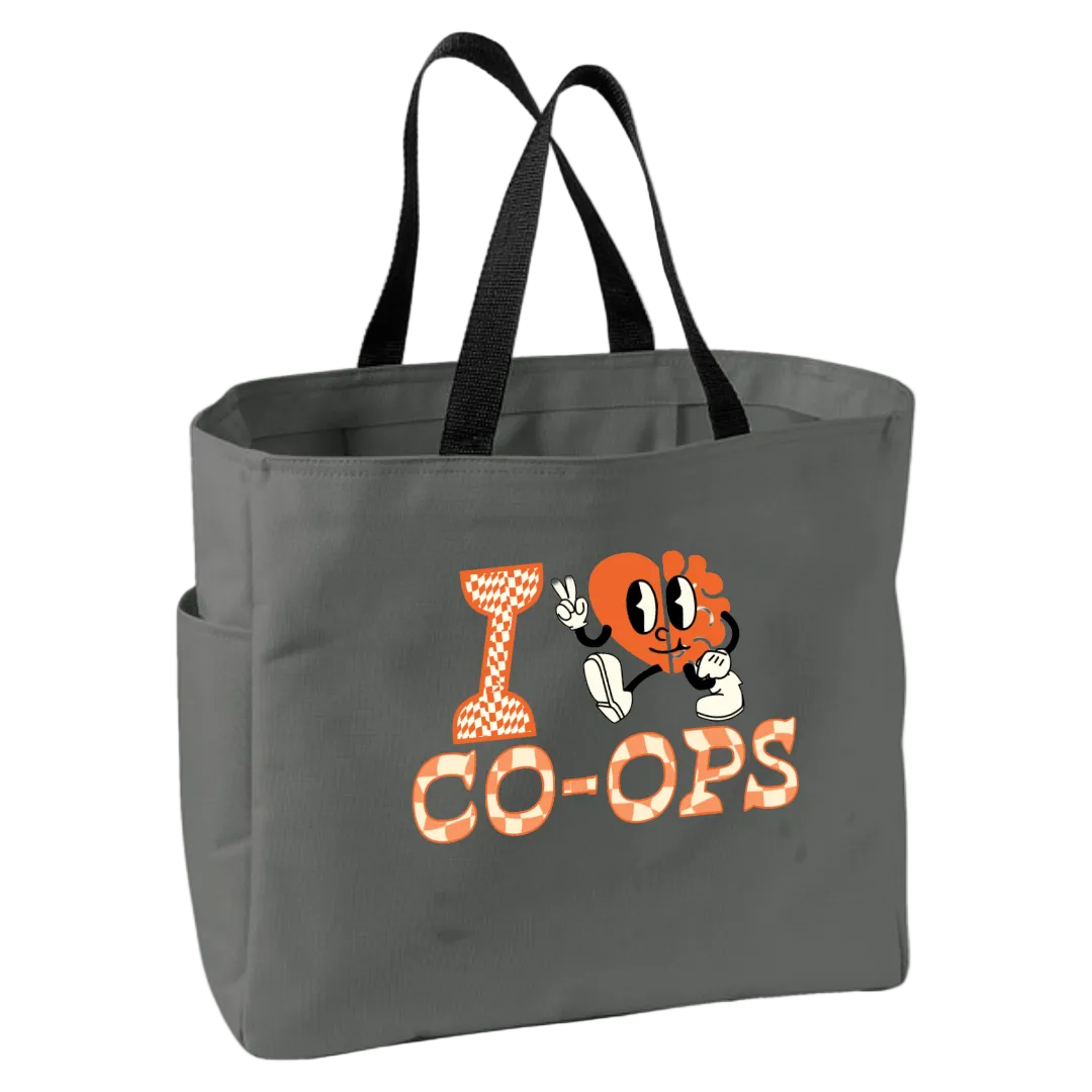 Gray tote bag with cartoon character and 'I CO-OPS' text