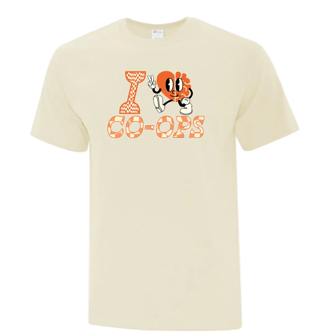 Natural color t-shirt with cartoon character and 'I love co-ops' text
