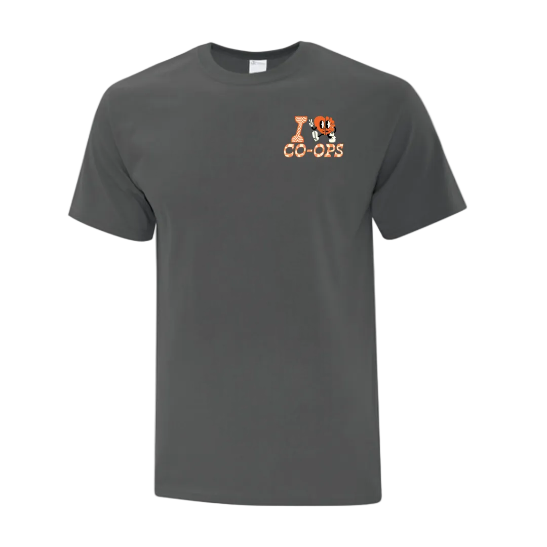 Charcoal t-shirt with 'I  love Co-Op' text and logo 