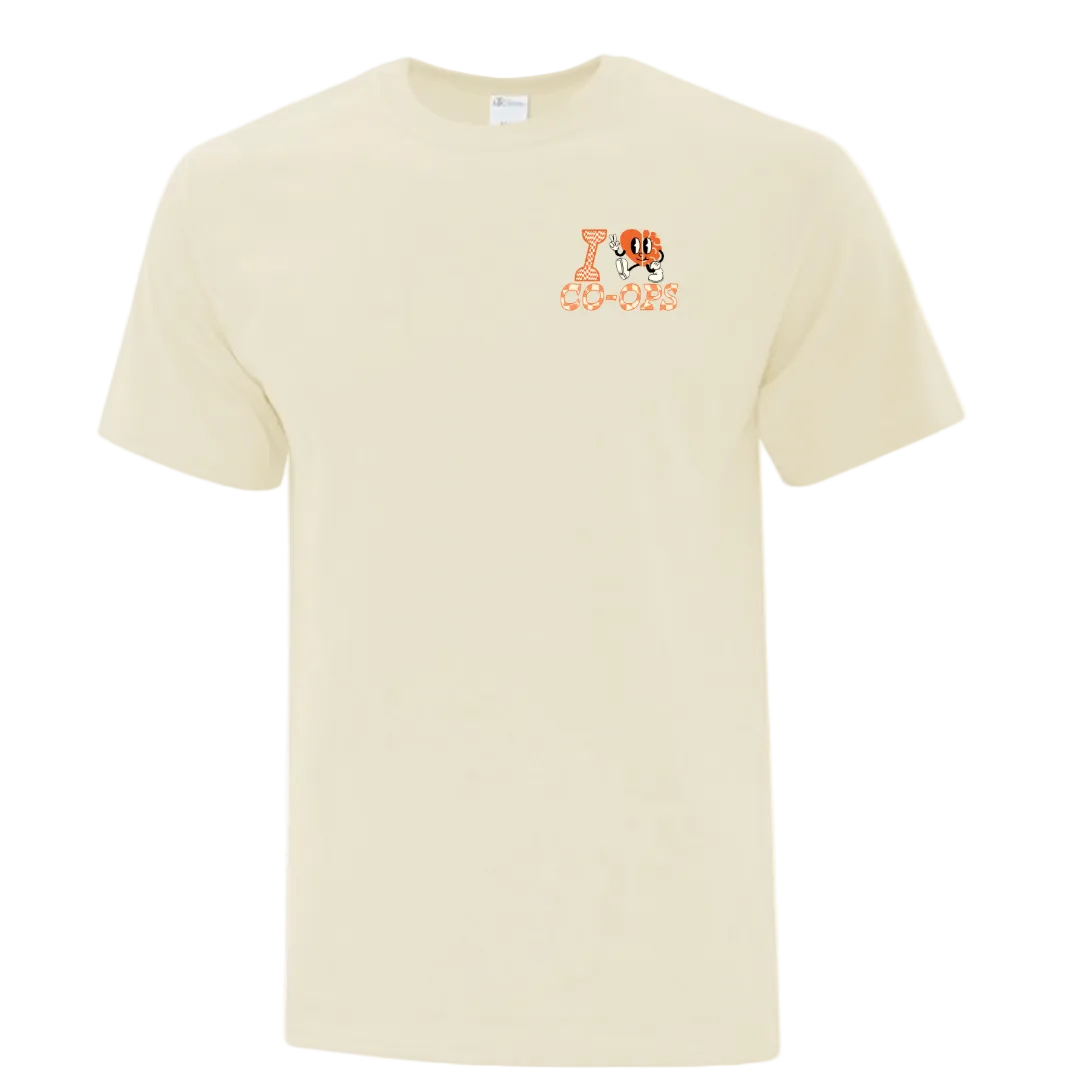 Natural color t-shirt with a small graphic on the chest saying "I love co-ops" 