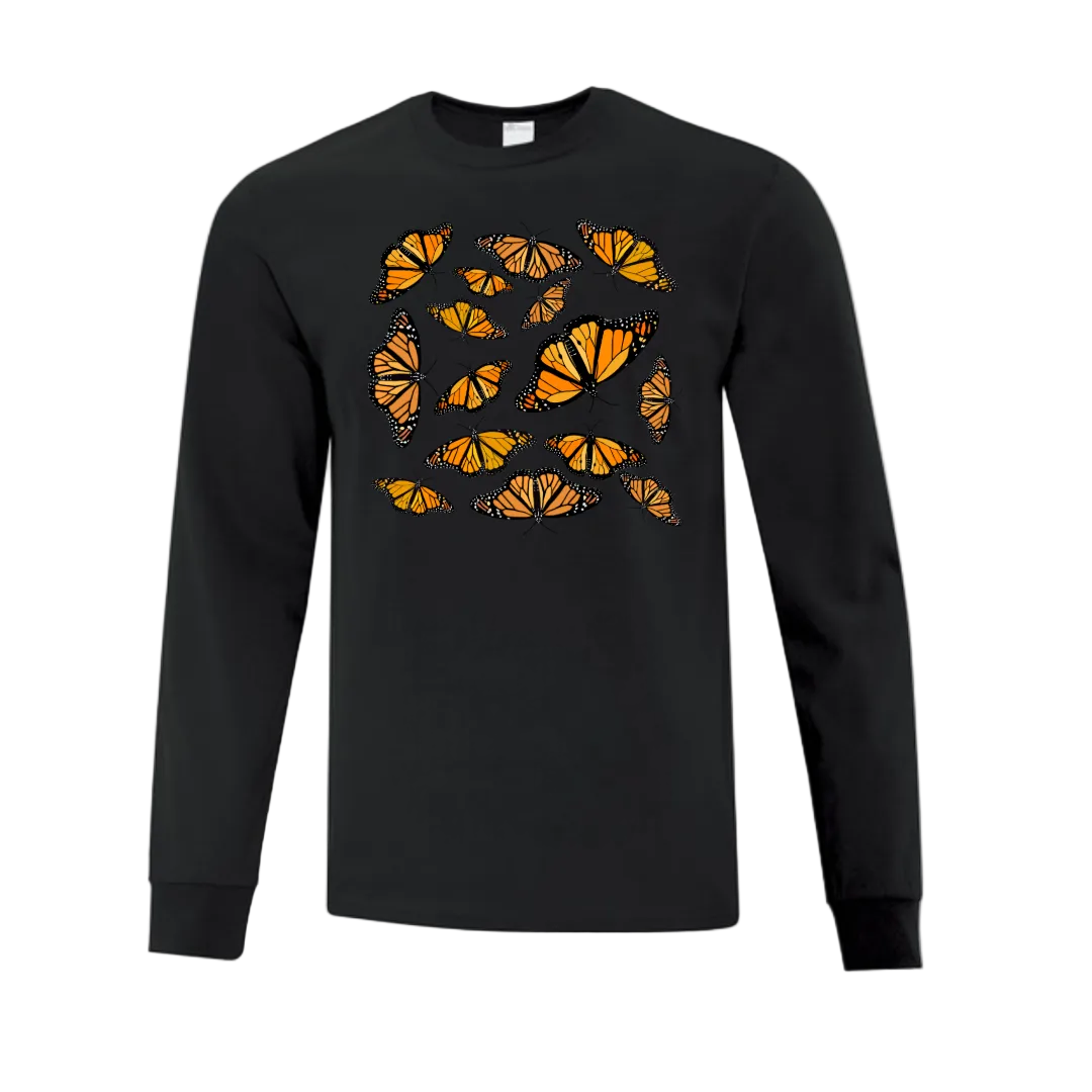 Black long-sleeve shirt with orange butterfly pattern on a white background