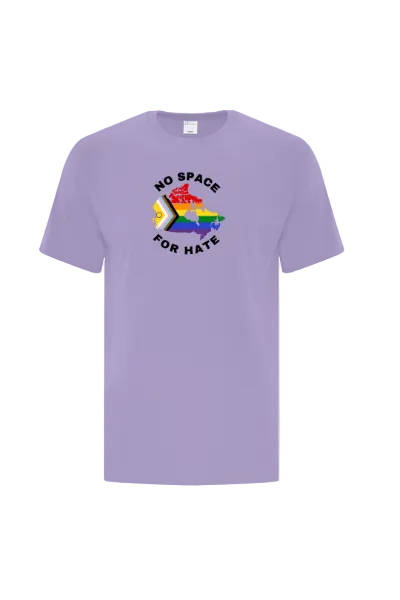 Purple t-shirt with Canada Map / Pride flag and text 'No Space for Hate' 