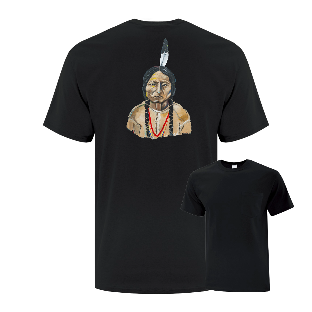 Black t-shirt with a graphic of a Native American Leader on the back, displayed from back views.