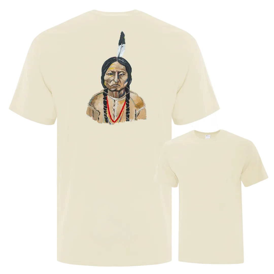 Natural color t-shirt with a graphic of an Indigenous Leader on the back.