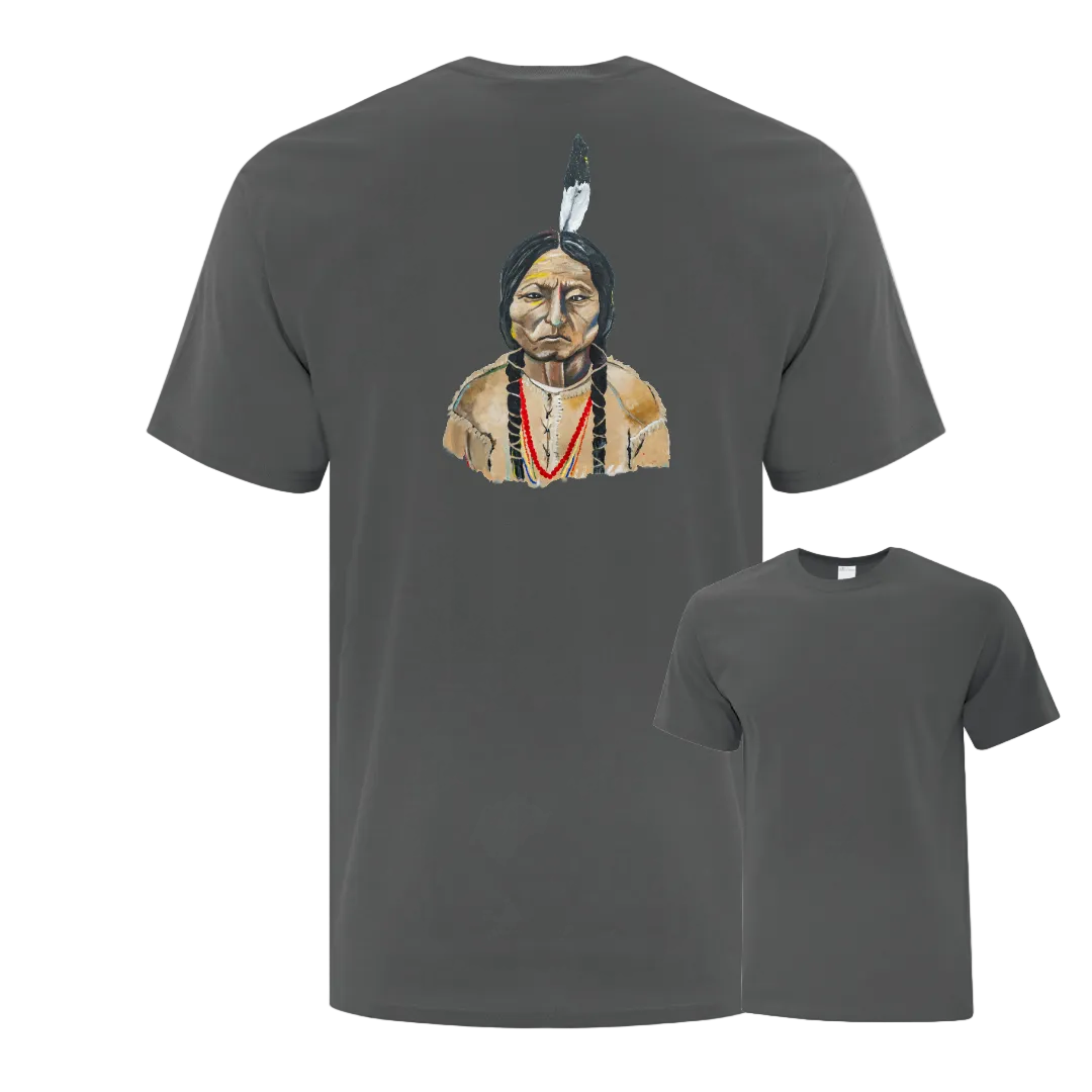 Charcoal t-shirt with a Native American design on the back
