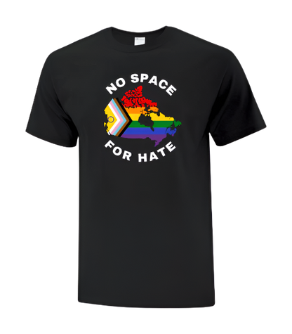 Black t-shirt with 'No Space for Hate' graphic and rainbow colors on a Canada Map