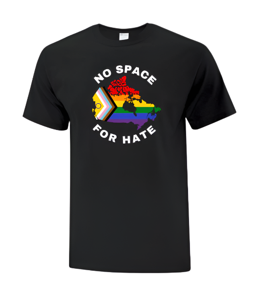 Black t-shirt with 'No Space for Hate' graphic and rainbow colors on a Canada Map