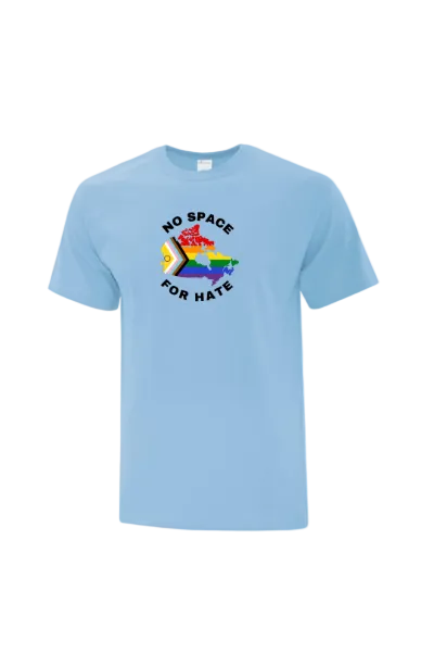 Light blue t-shirt with Canada Map / Pride flag and text 'No Space for Hate' 