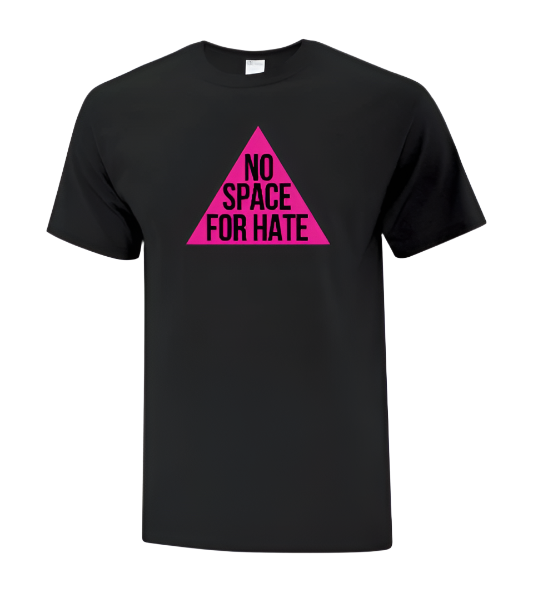 Black t-shirt with pink triangle and 'No Space for Hate' text 