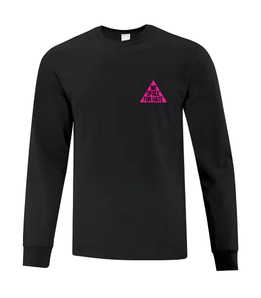 Black long-sleeve shirt with a pink triangle logo "No Space For Hate" on left chest.
