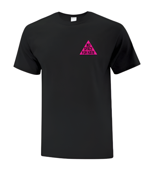 Black t-shirt with a pink triangle logo reads "No Space For Hate" on left chest.