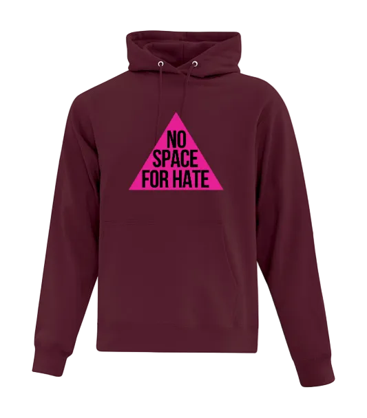 Maroon sweater with pink triangle logo and 'No Space for Hate' text