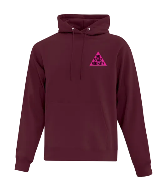 Maroon hoodie with a pink triangle logo saying "No Space For Hate."