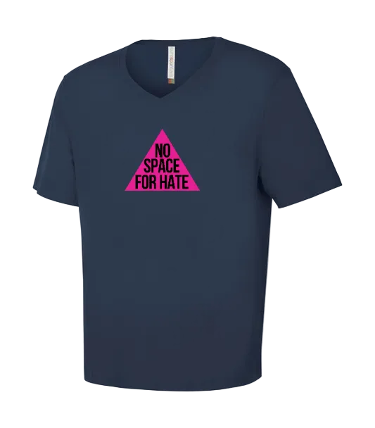 Navy blue t-shirt with a pink triangle logo and 'No Space for Hate' text 