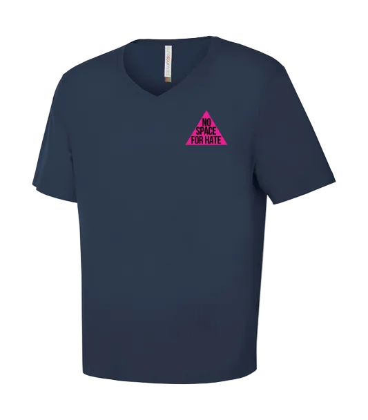 Navy blue v-neck t-shirt with a pink triangle logo saying "No Space For Hate"