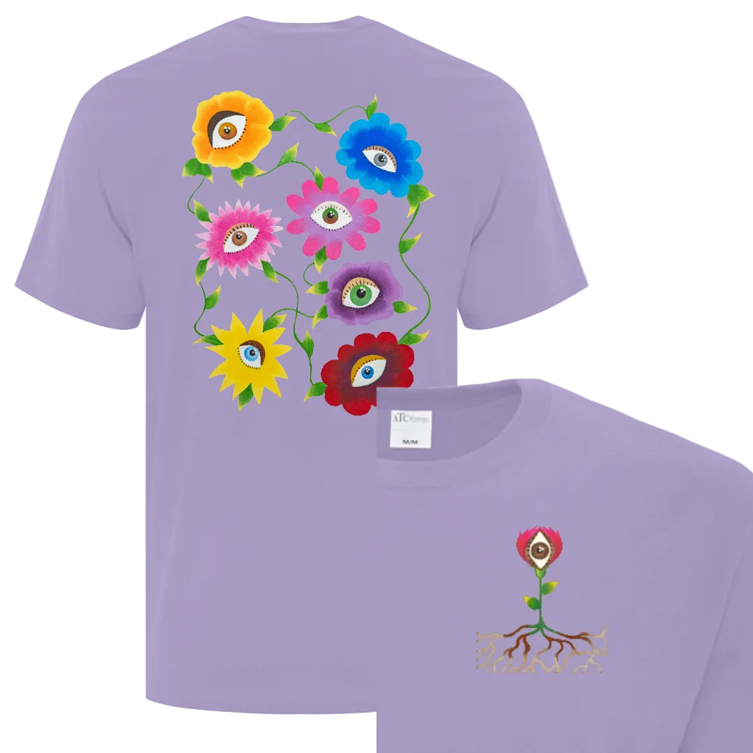 Purple t-shirt with colorful Indigenous flower designs