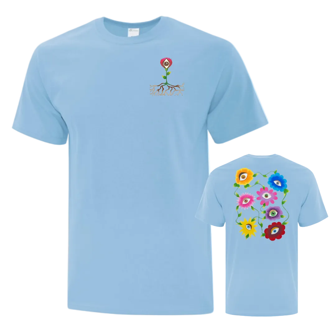 Light blue t-shirt with colorful floral design on the back and left chest.