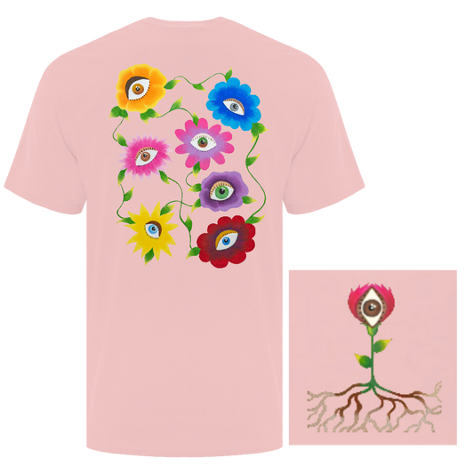 Pink t-shirt with colorful Indigenous flower design