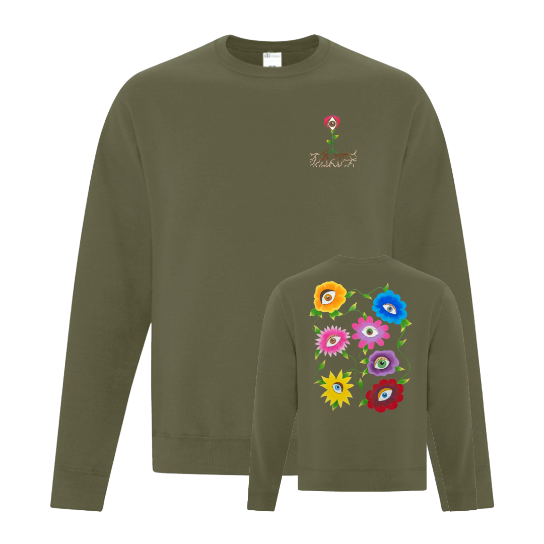 Green sweatshirt with floral designs on the front and back