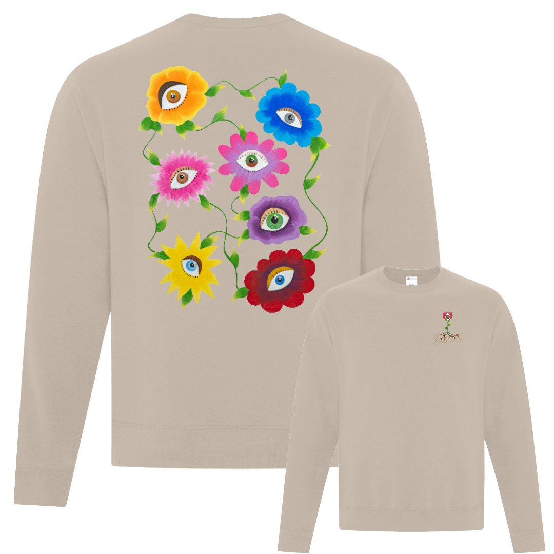 Beige sweatshirt with colorful floral design on the back and a small flower design on the chest.