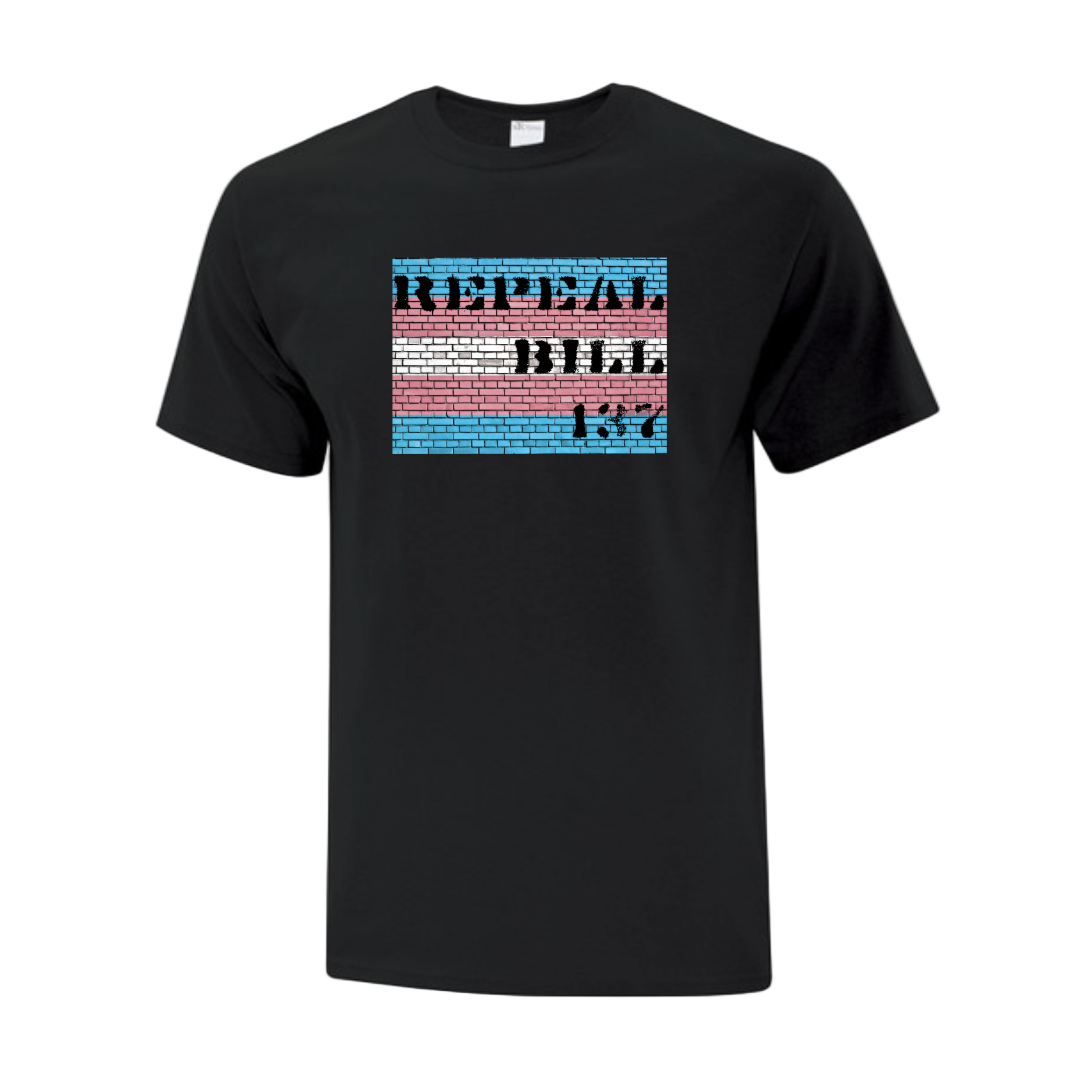 Black t-shirt with a colorful graphic and text Saying "repeal bill 137" on a brick wall in the Transgender Flag Colors