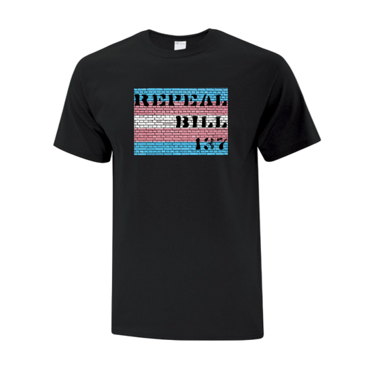 Black t-shirt with a colorful graphic and text Saying "repeal bill 137" on a brick wall in the Transgender Flag Colors