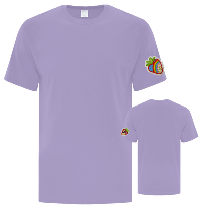 Purple t-shirt with a colorful design on the left sleeve.