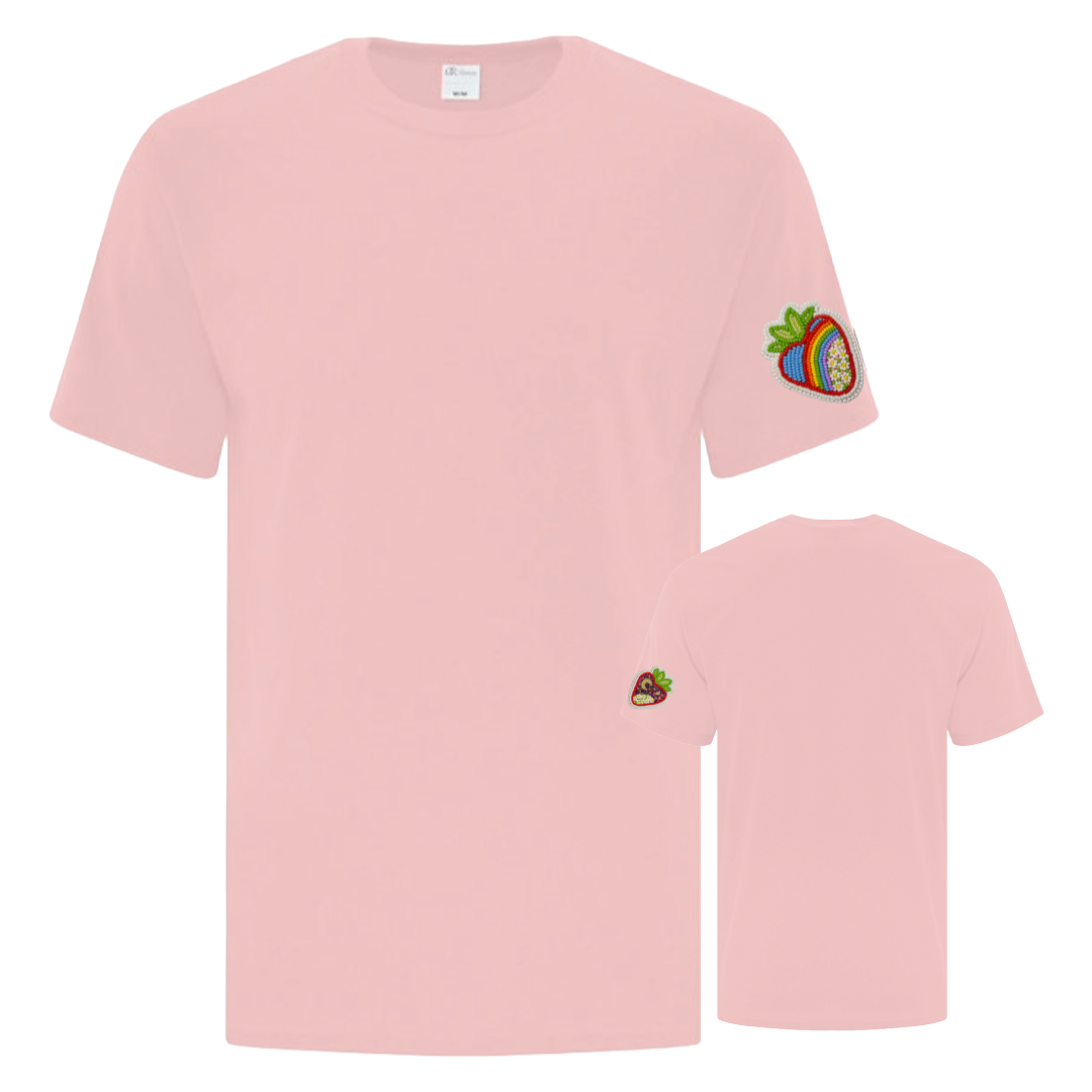 Pink t-shirt with embroidered design dtf print on left sleeve