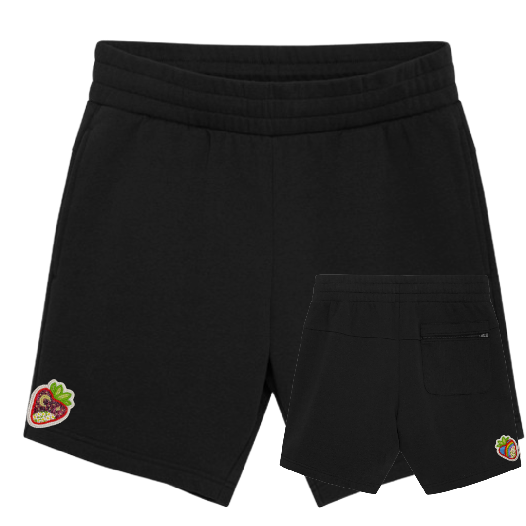 Black shorts with patches on side.