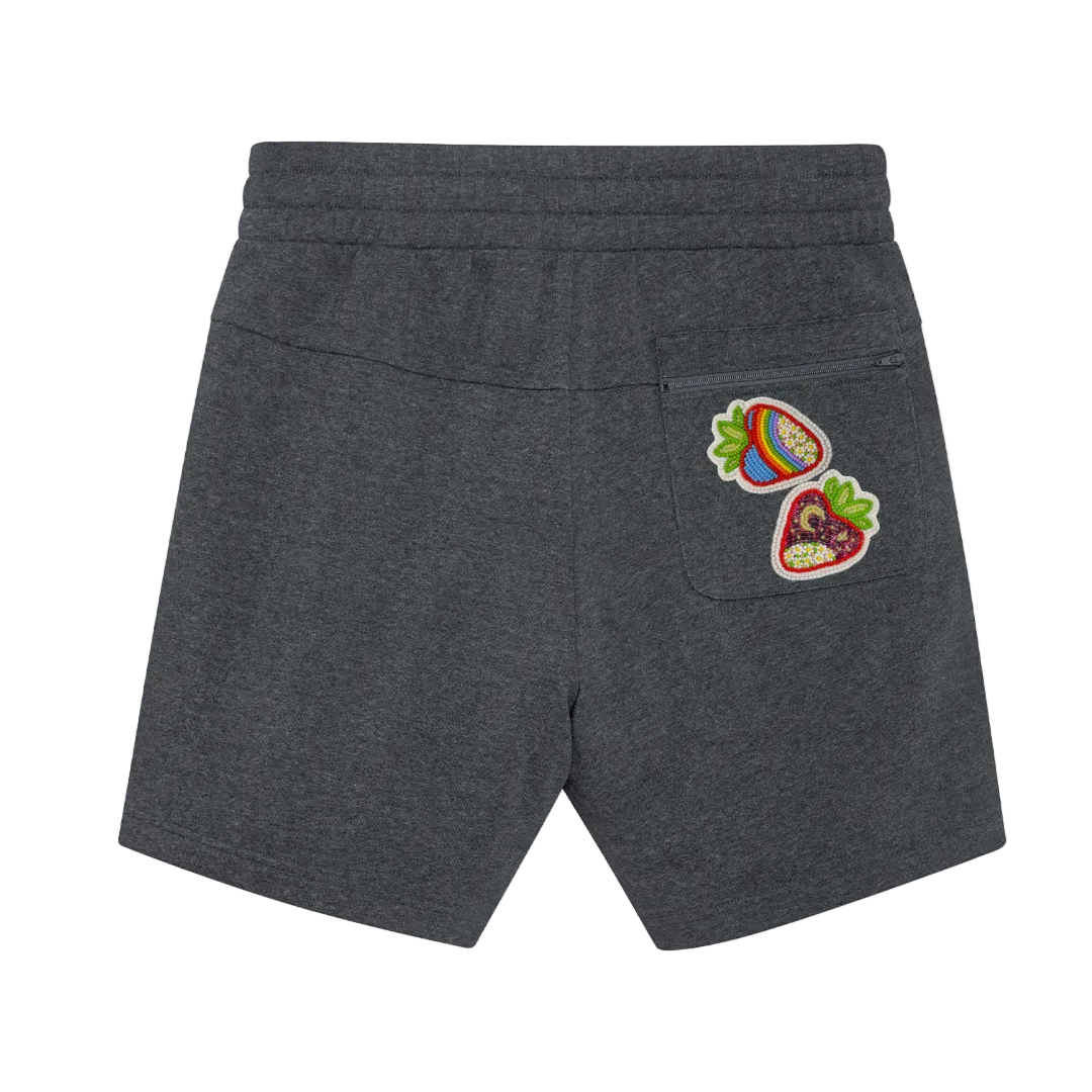 Dark gray shorts with colorful strawberry dtf print strawberries