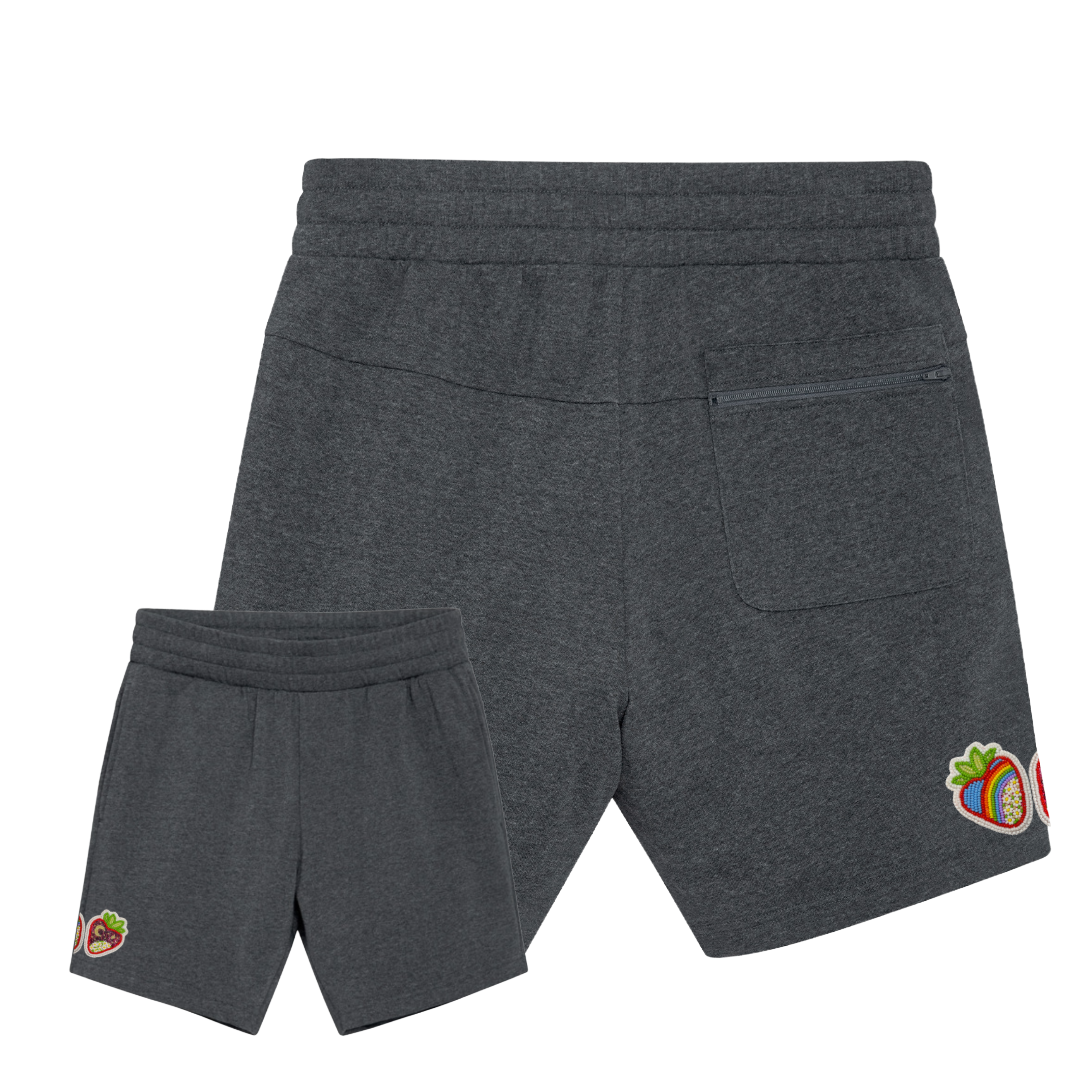 Gray shorts with colorful designs on left side