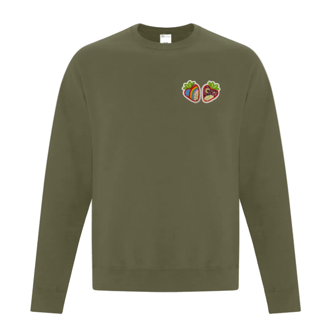 Army Green sweatshirt with a small strawberry  logo on the chest 