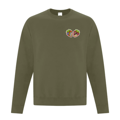 Army Green sweatshirt with a small strawberry  logo on the chest 