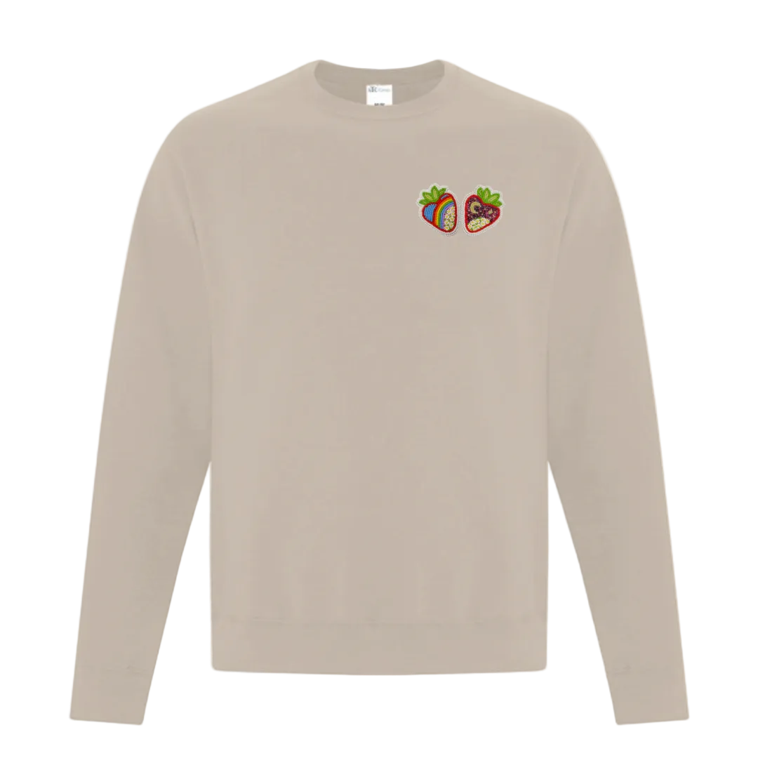 sand colored crewneck sweater with dtf graphic print on left chest of two beaded Indigenous strawberries