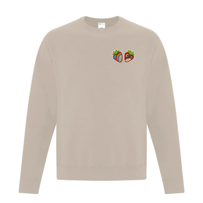 sand colored crewneck sweater with dtf graphic print on left chest of two beaded Indigenous strawberries
