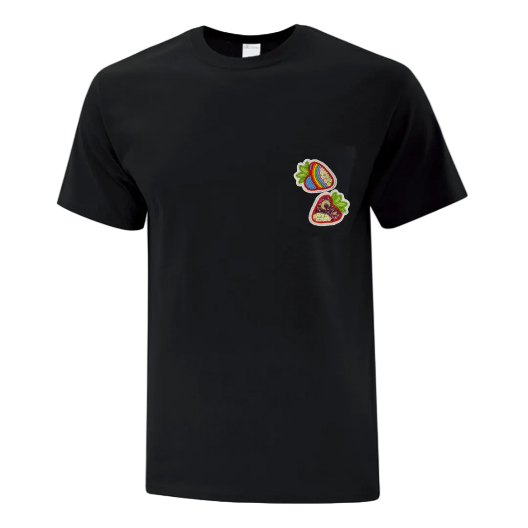 Black t-shirt with colorful strawberry design